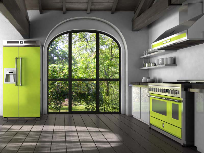 Холодильник зеленого цвета в интерьере кухни с созвучными акцентами
