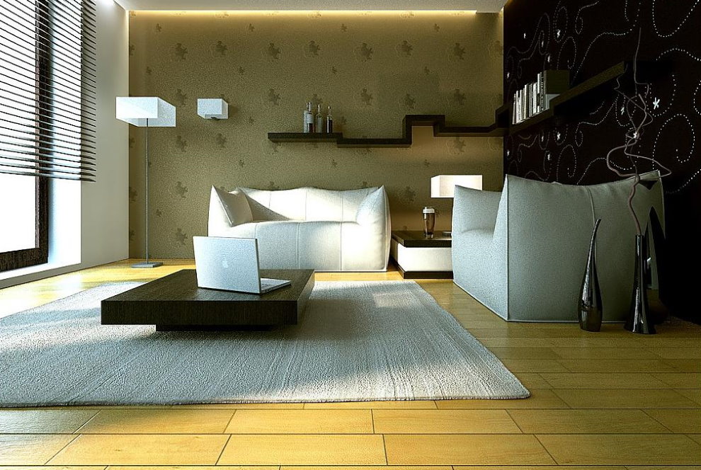 Светлый палас на полу в минималистической гостиной