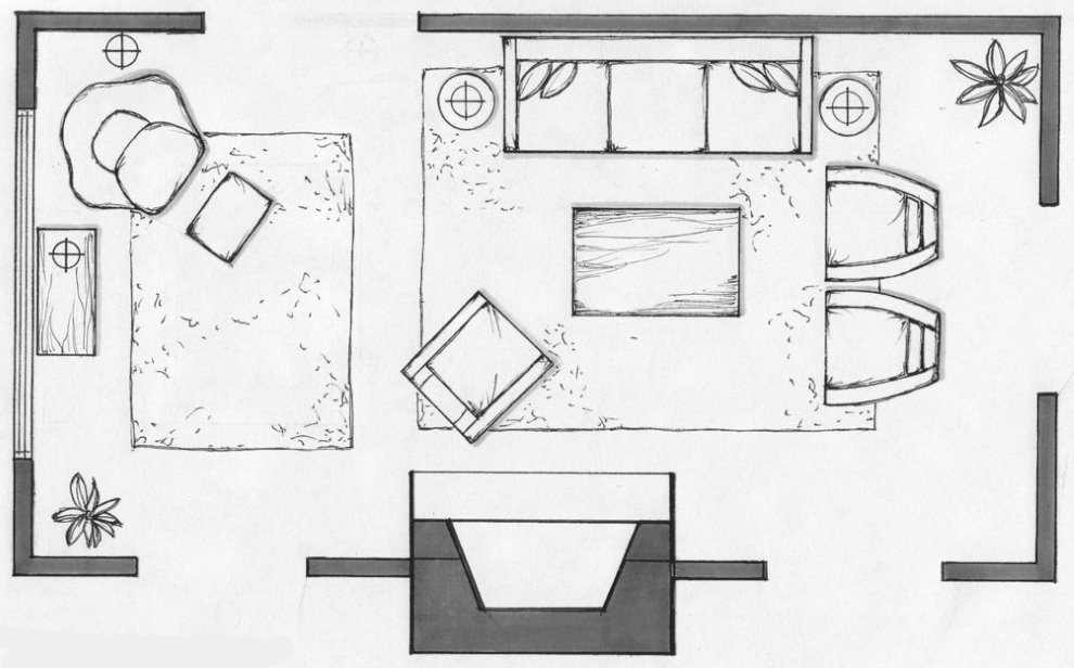 Схема расстановки мебели в прямоугольном зале с камином