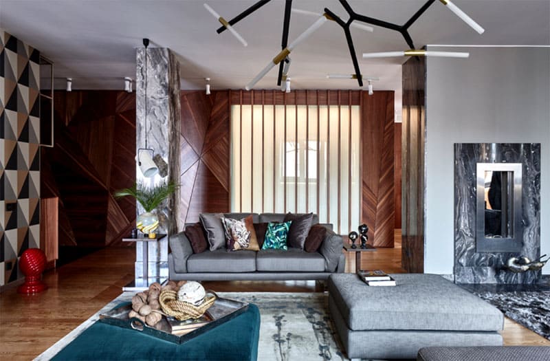 Геометрические линии в отделке искусно переплетаются между собой и объединяют пространство в единый стиль