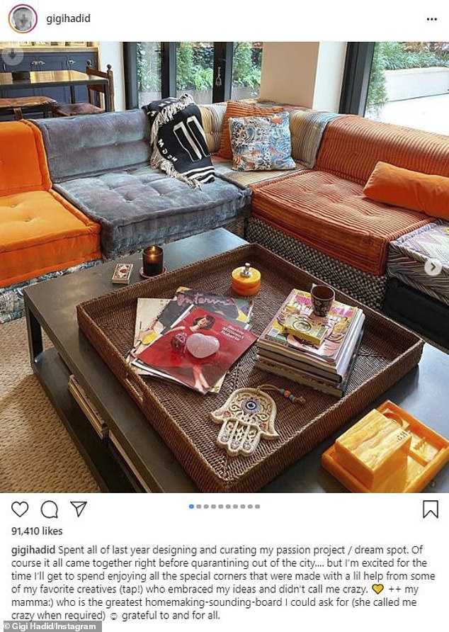 Colorful: She began the virtual tour with a glimpse of her living room and her segmented Missoni sofa, which featured cushions in different colors and designs
