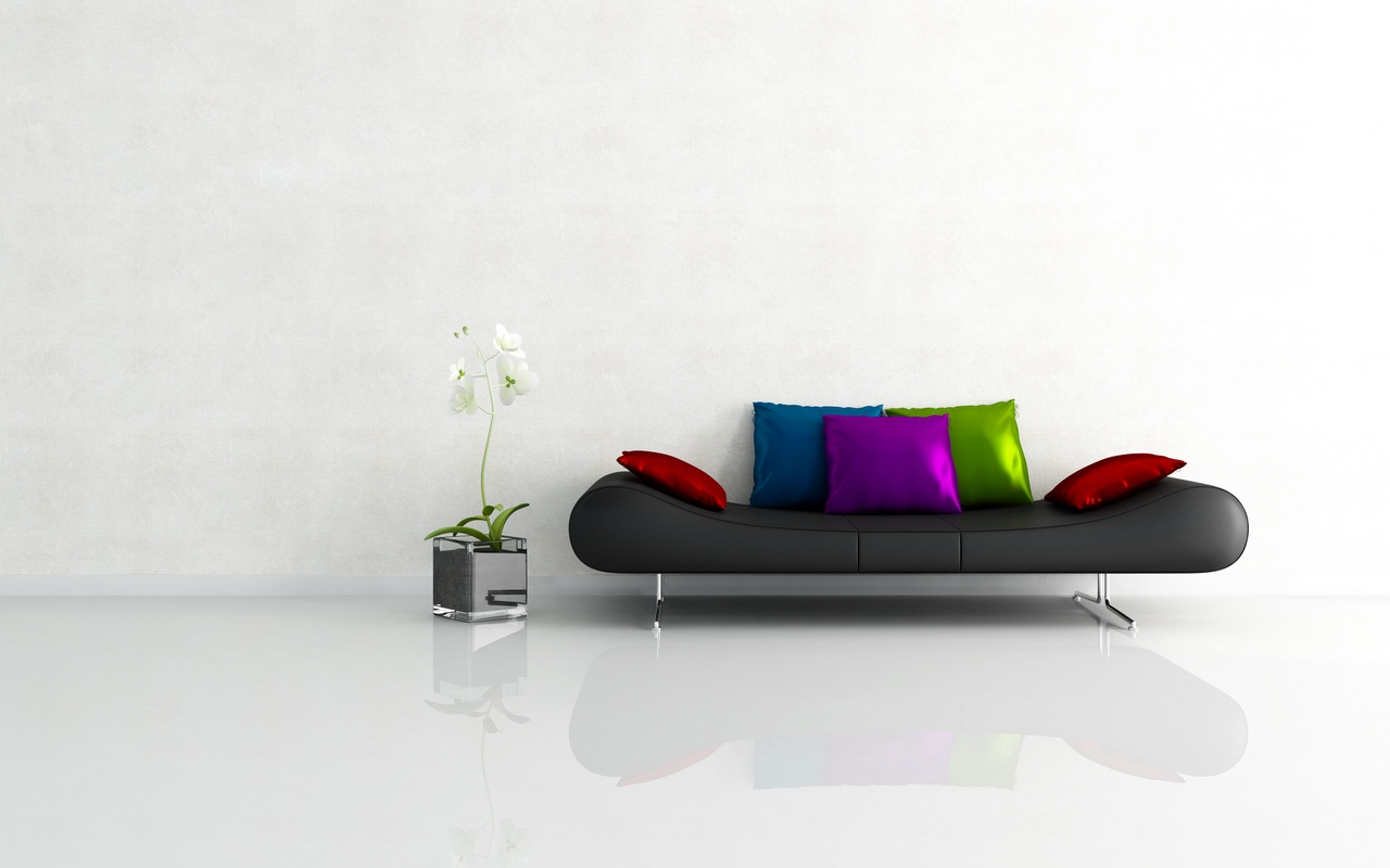 Черный диван в минималистичном интерьере