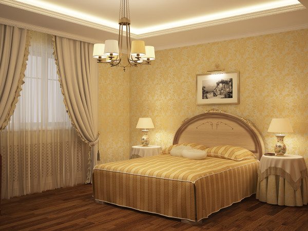 Дизайн спальной комнаты в светлых тонах.
