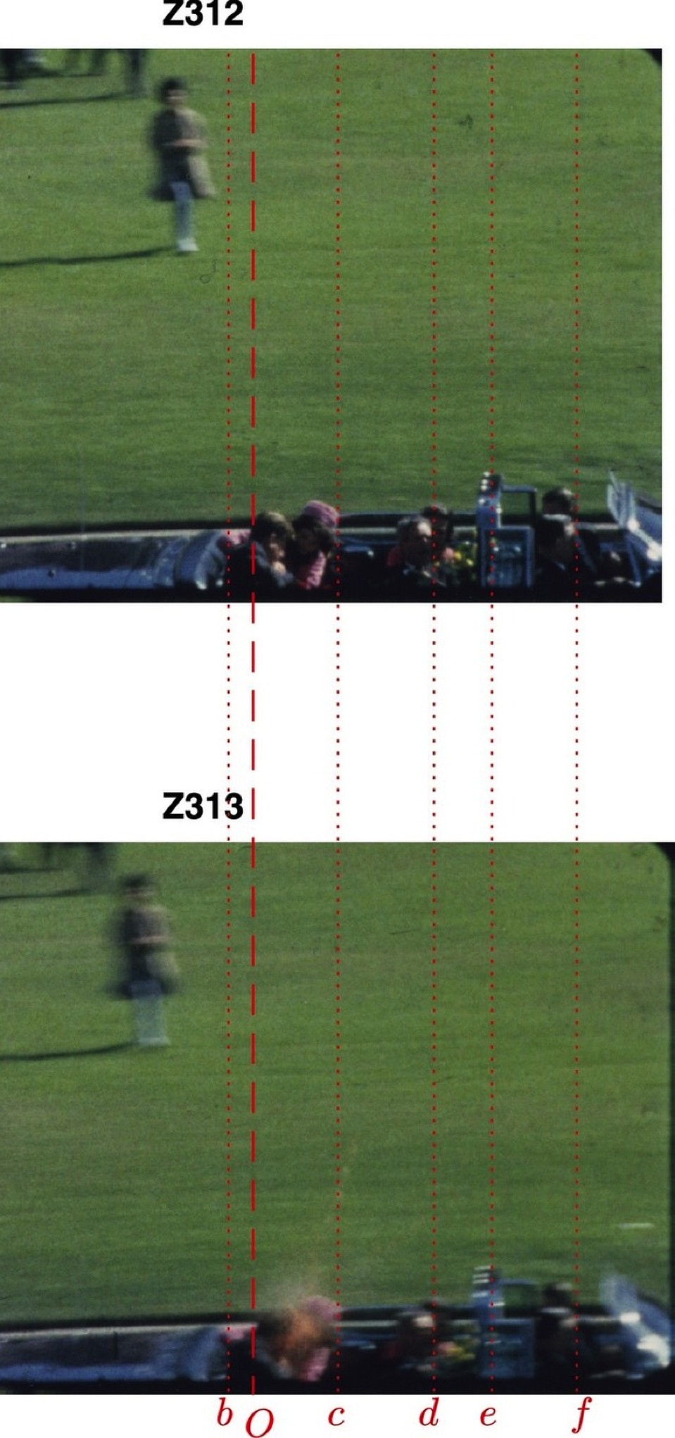 Анализ фильма Запрудера: Голова Кеннеди дергается вперед. Кадры отеляют доли секунды. 