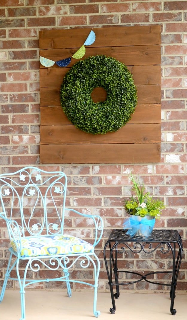 Balsam Hill Boxwood Wreath on rustic wood sign