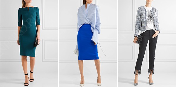 Базовый гардероб для каждого свой. Слева направо: базовое платье футляр, базовая юбка карандаш, базовый жакет в стиле Chanel. свитер, платье, рубашка